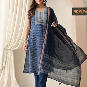 Cotton Blue Indian Kurta Set with embroidery